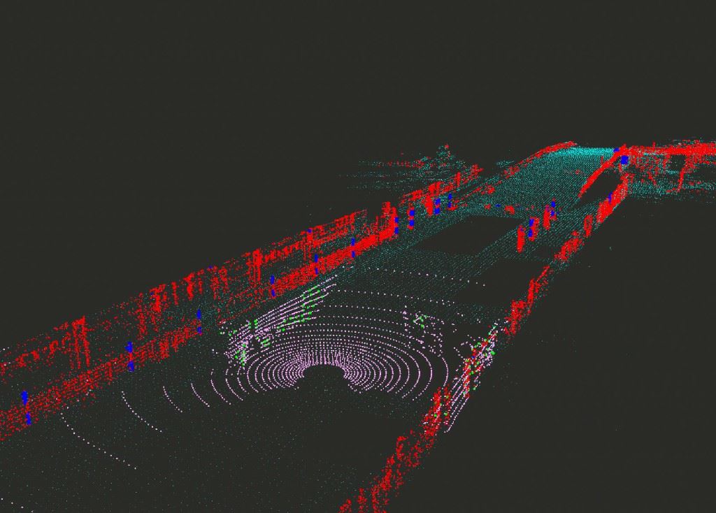 3D point cloud of racking and floor as seen by an autonomous forklift’s sensors