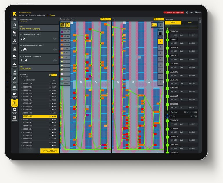 Digital twin heatmap of pick activity with routes
