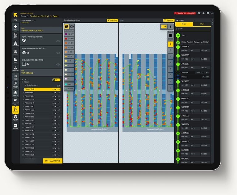 Side-by-side pick routes before and after slotting optimisation